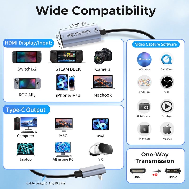 Guermok 4K 60FPS Video Capture Card, L-Shaped USBC, 3.3ft, 1080P 240FPS USB3.0 HDMI to USB A/C Capture Card for Streaming, Works with iPad/Mac OS/PC, Quest 3, OBS, PS5/4, Switch2/1, Xbox/Camera - Image 3